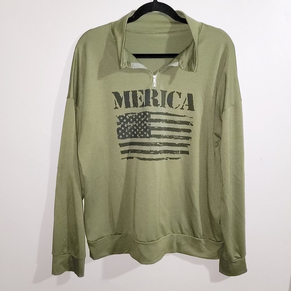 SOLD!American Flag "MERICA" EUC Long Sleeve Zip-Up Pullover Sweater T-Shirt - XL